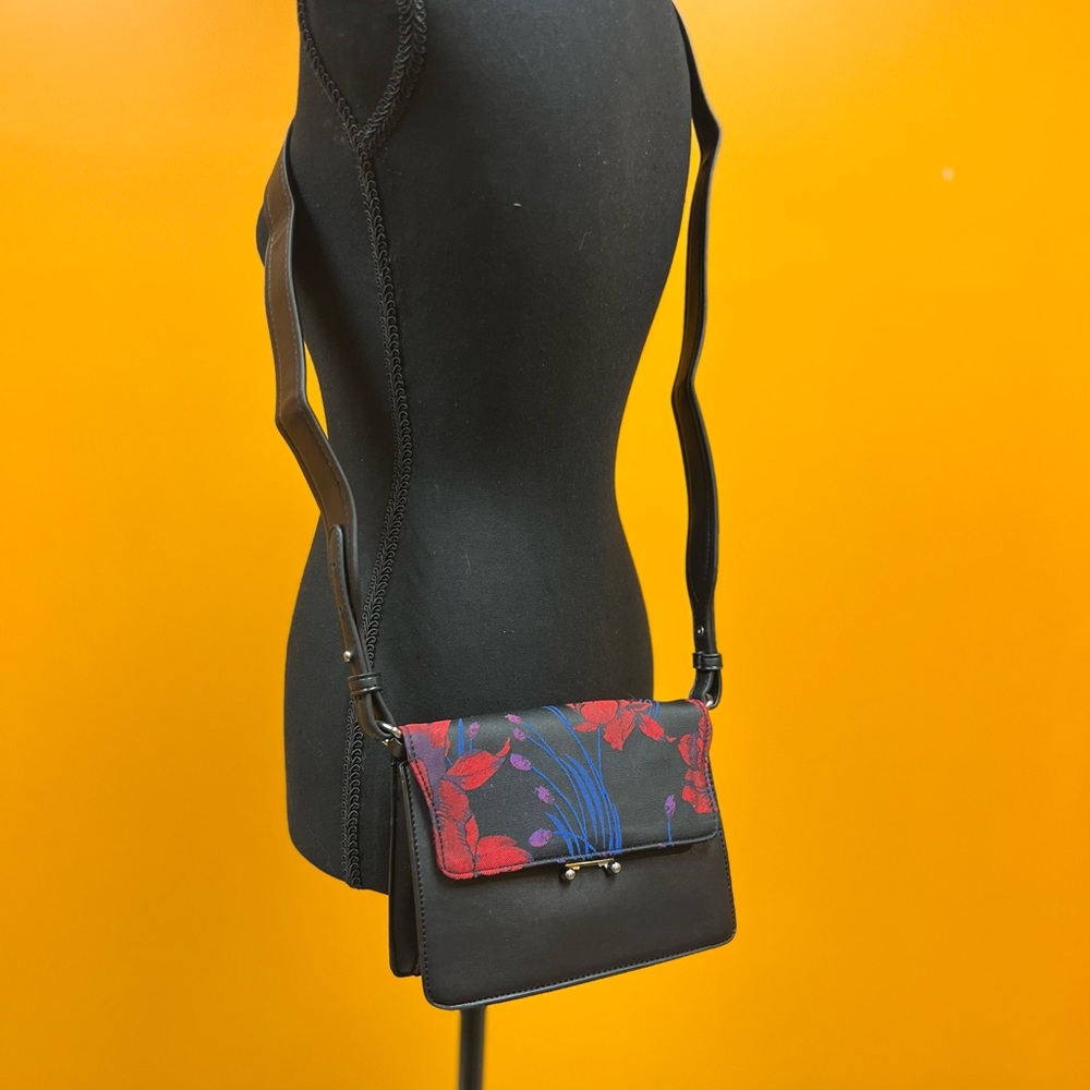 JustFab Black Crossbody Bag with Red Floral Design